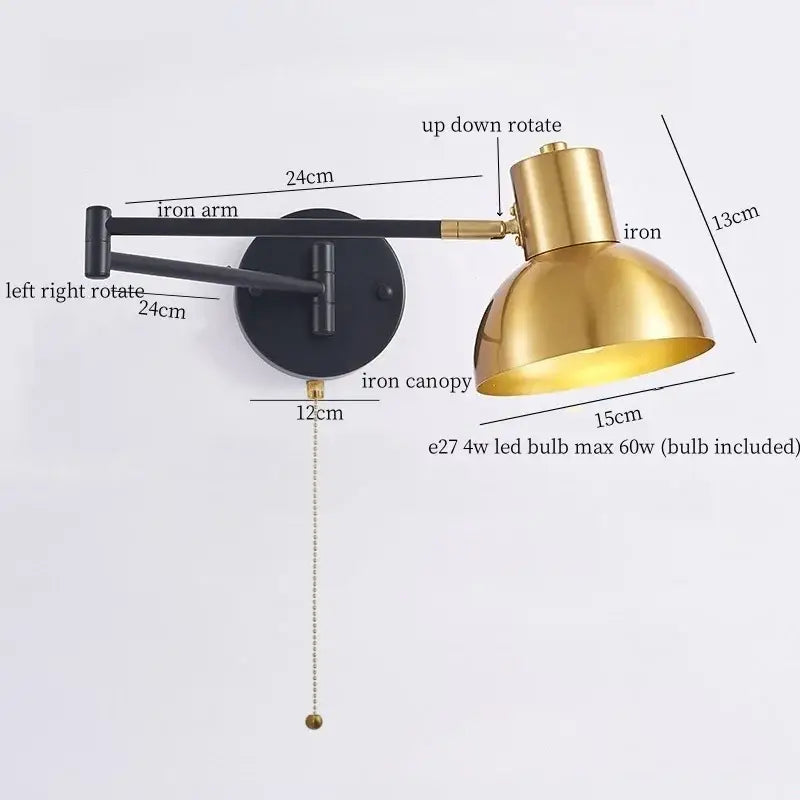 Modern black and gold iron art led wall lamp with adjustable polished brass dome shade for bedroom decorbites iron art