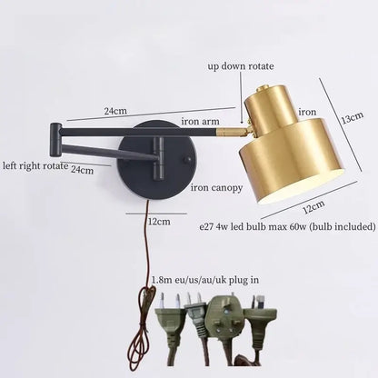 Adjustable brass finished iron art led wall lamp with black circular canopy and extendable arm for bedroom decorbites iron art