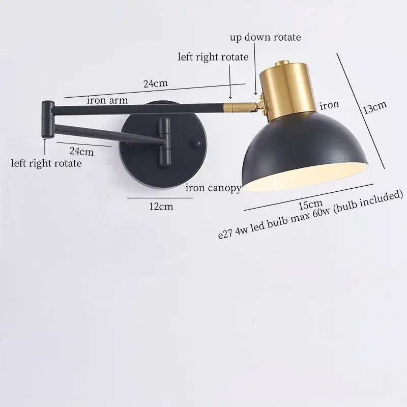 Modern black and brass decorbites iron art led wall lamp with adjustable iron arm and canopy for bedroom lighting