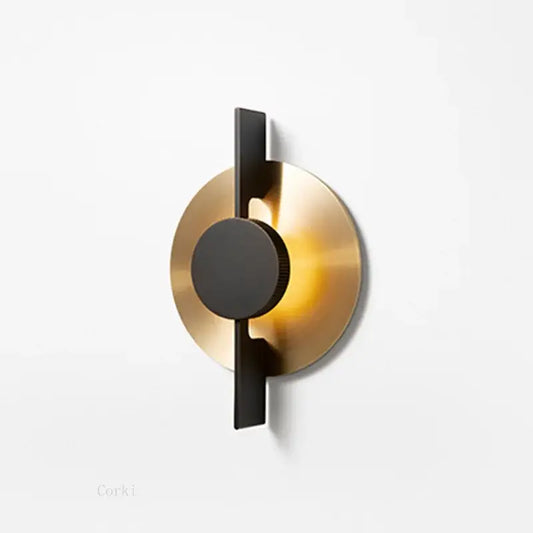 Modern black and gold iron art led wall lamp with circular brass base and black matte accents for dining room decorbites wall lamp