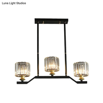Decorbites modern island pendant light with black metal frame, clear crystal cylinder shades, and gold-toned accents