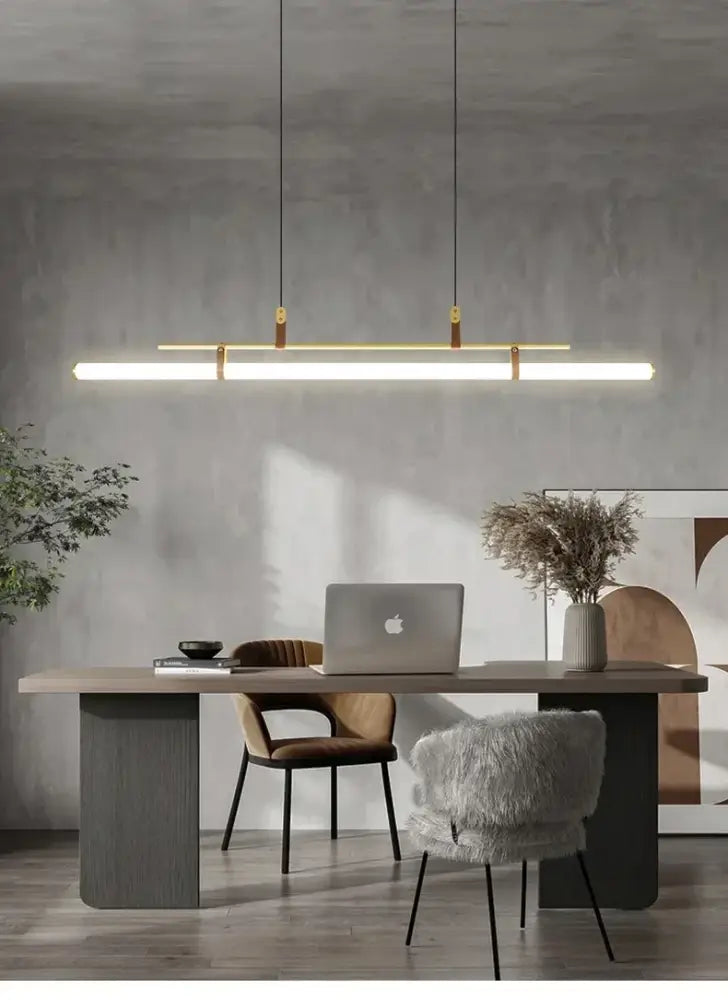 Modern black gold leather tube led pendant light with elongated rectangular design and warm white illumination for dining room