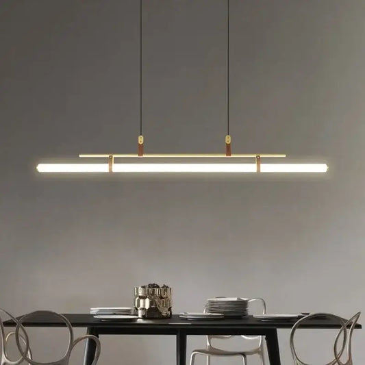 Modern black gold leather tube led pendant light with sleek rectangular design and warm white illumination for dining room