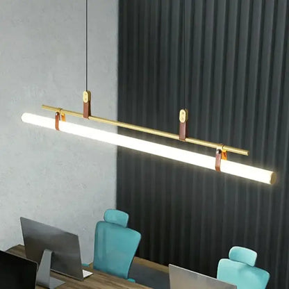 Modern black gold leather tube led pendant light with brass and leather accents for dining room lighting