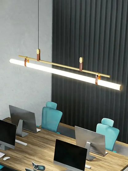 Modern black gold leather tube led pendant light with integrated led strip and leather straps for dining room use