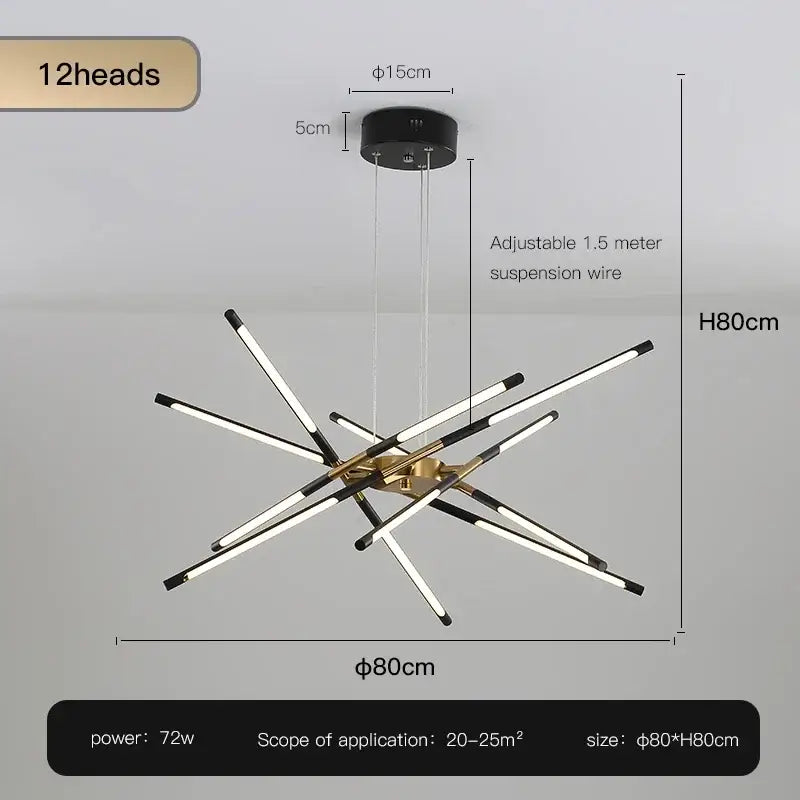 Modern black and gold led ceiling chandelier with 12 illuminated arms for living room decorbites black led lighting