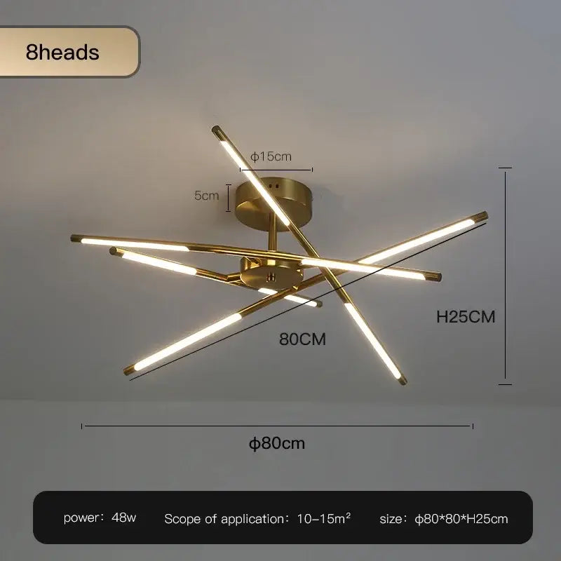 Modern black and gold led ceiling chandelier with eight illuminated gold-finished arms in a starburst pattern decorbites black led