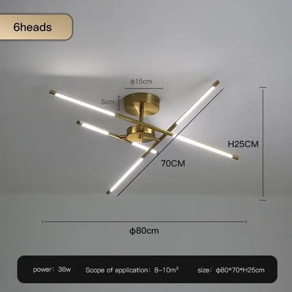 Modern black and gold led ceiling chandelier with six illuminated gold-finished rods for living room decorbites black led