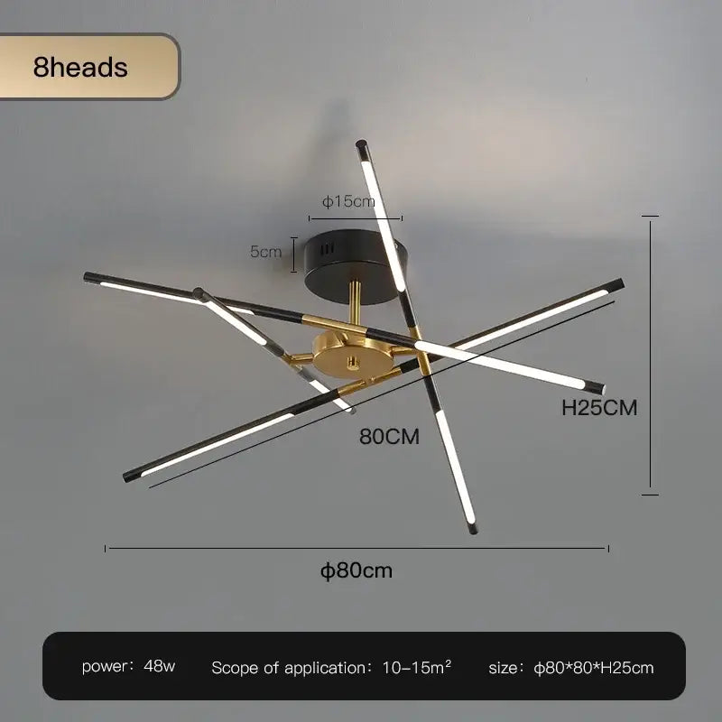 Modern black and gold led ceiling chandelier with eight sleek black led arms and brass hub for living room decorbites black led