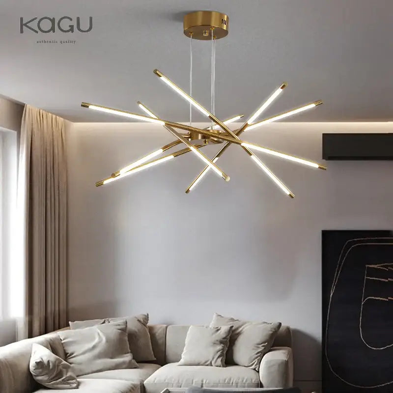 Modern black and gold led ceiling chandelier with intersecting led light bars designed for stylish living room decorbites black led