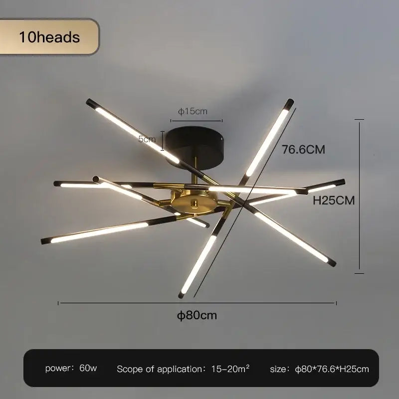 Modern black and gold led ceiling chandelier with ten illuminated gold-toned arms for stylish living room decorbites black led