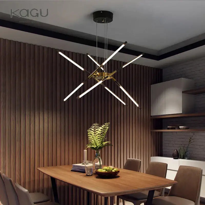 Modern black and gold led ceiling chandelier with geometric gold-toned intersecting light bars by decorbites black led