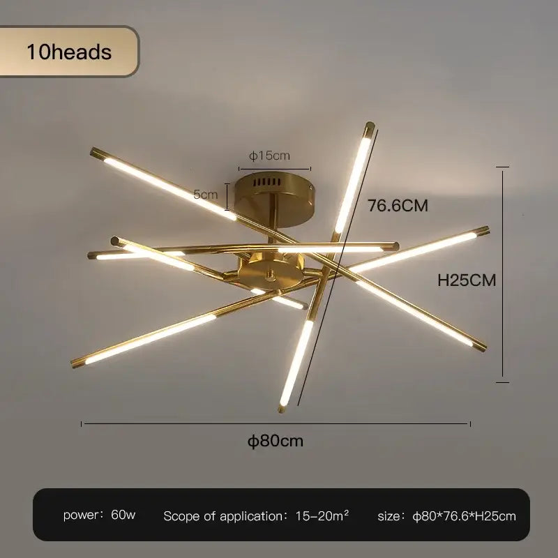 Modern black and gold led ceiling chandelier featuring ten illuminated gold-toned arms for elegant living room decorbites black led lighting