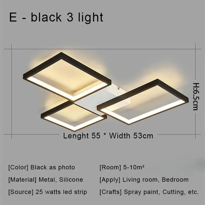 Modern black led chandelier ceiling light with three illuminated panels and metallic frame for living room decorbites black led