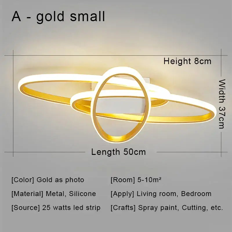 Modern black and gold led chandelier ceiling light with interlocking metal and silicone rings and 25 watt led strip for living room