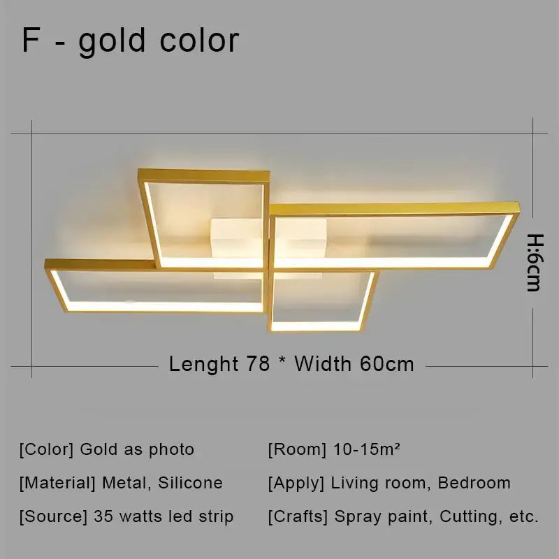 Gold-colored modern ceiling light with geometric layered rectangular metal and silicone design decorbites black led chandelier