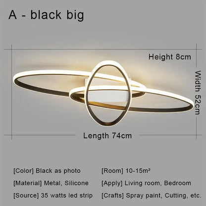 Modern black led chandelier ceiling light with intersecting metal and silicone rings and 35-watt led strip for warm decorbites black led illumination