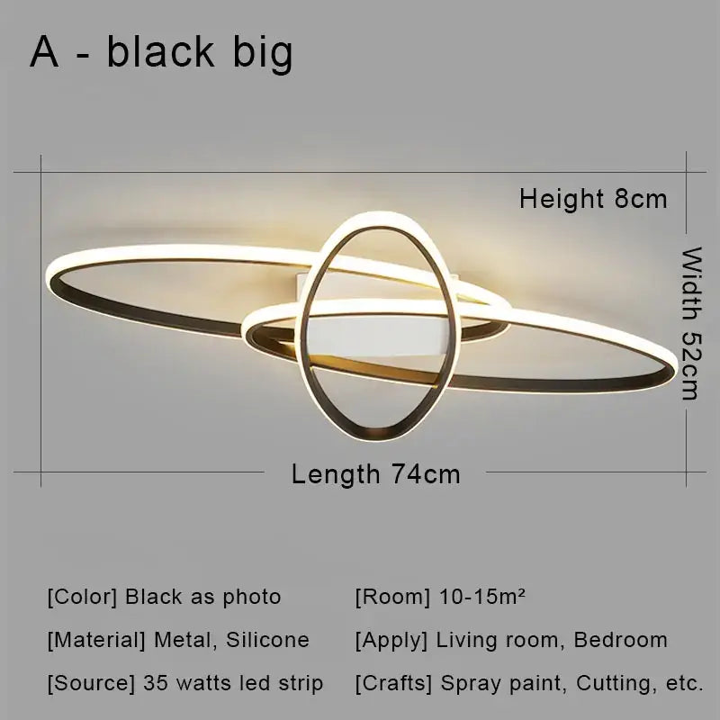 Modern black led chandelier ceiling light with intersecting metal and silicone rings and 35-watt led strip for warm decorbites black led illumination
