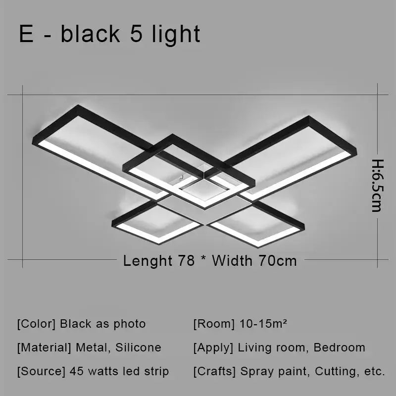 Modern black and gold decorbites black led chandelier ceiling light with five intersecting rectangular led panels for living room
