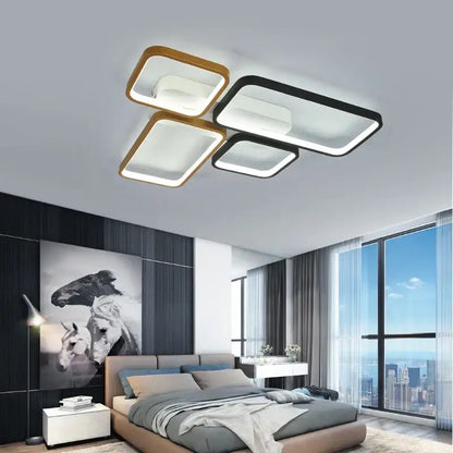 Modern black and gold led chandelier with rectangular frames and bright white led panels for living room lighting