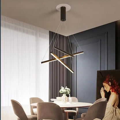 Modern black and gold led chandelier with intersecting light bars suspended for staircase living room decorbites black stair