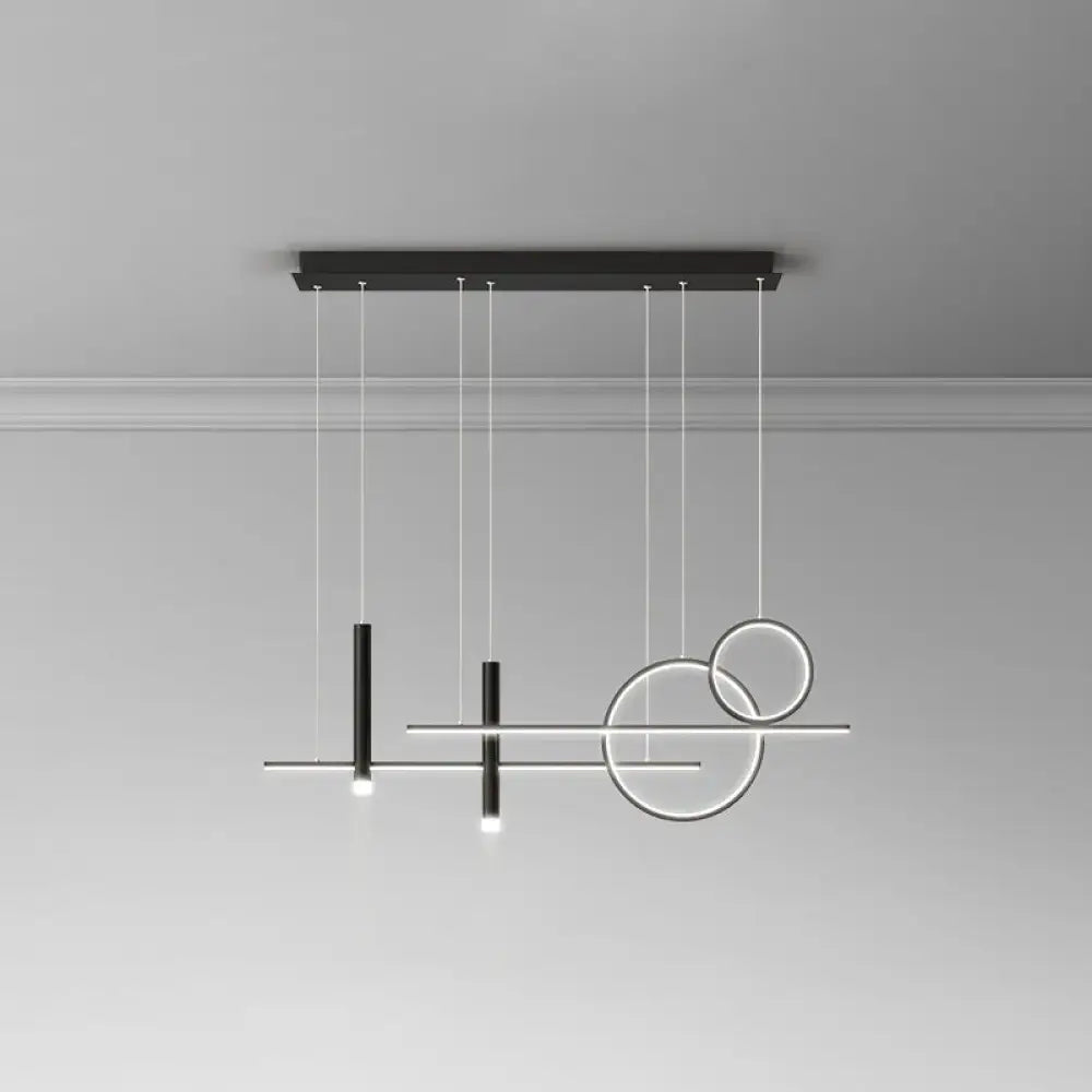 Modern black and silver minimalist metal dinner suspension lamp with geometric rings and led island pendant spotlight
