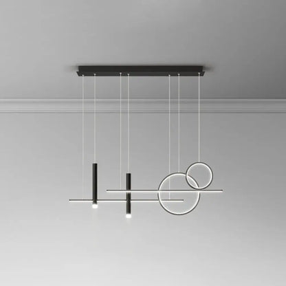 Modern black and silver minimalist metal dinner suspension lamp with geometric rings and led island pendant spotlight