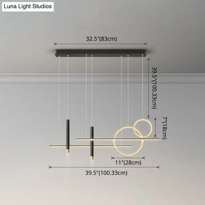 Modern black and gold metal dinner suspension lamp with intersecting rings and vertical bars led island pendant