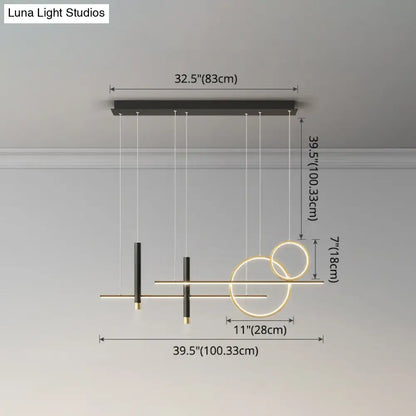 Modern black and gold geometric metal dinner suspension lamp with intersecting circles and led island pendant spotlight