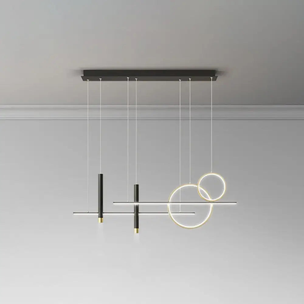 DecorBites™ minimalist metal dinner suspension lamp in black and gold with intersecting led island pendant rings