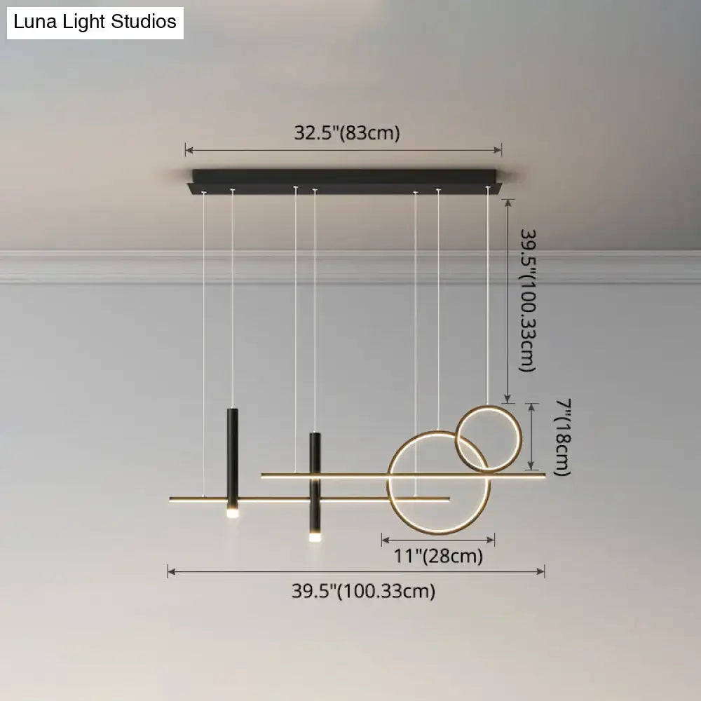 Modern black and gold geometric metal dinner suspension lamp with intersecting circles and vertical bars led island pendant