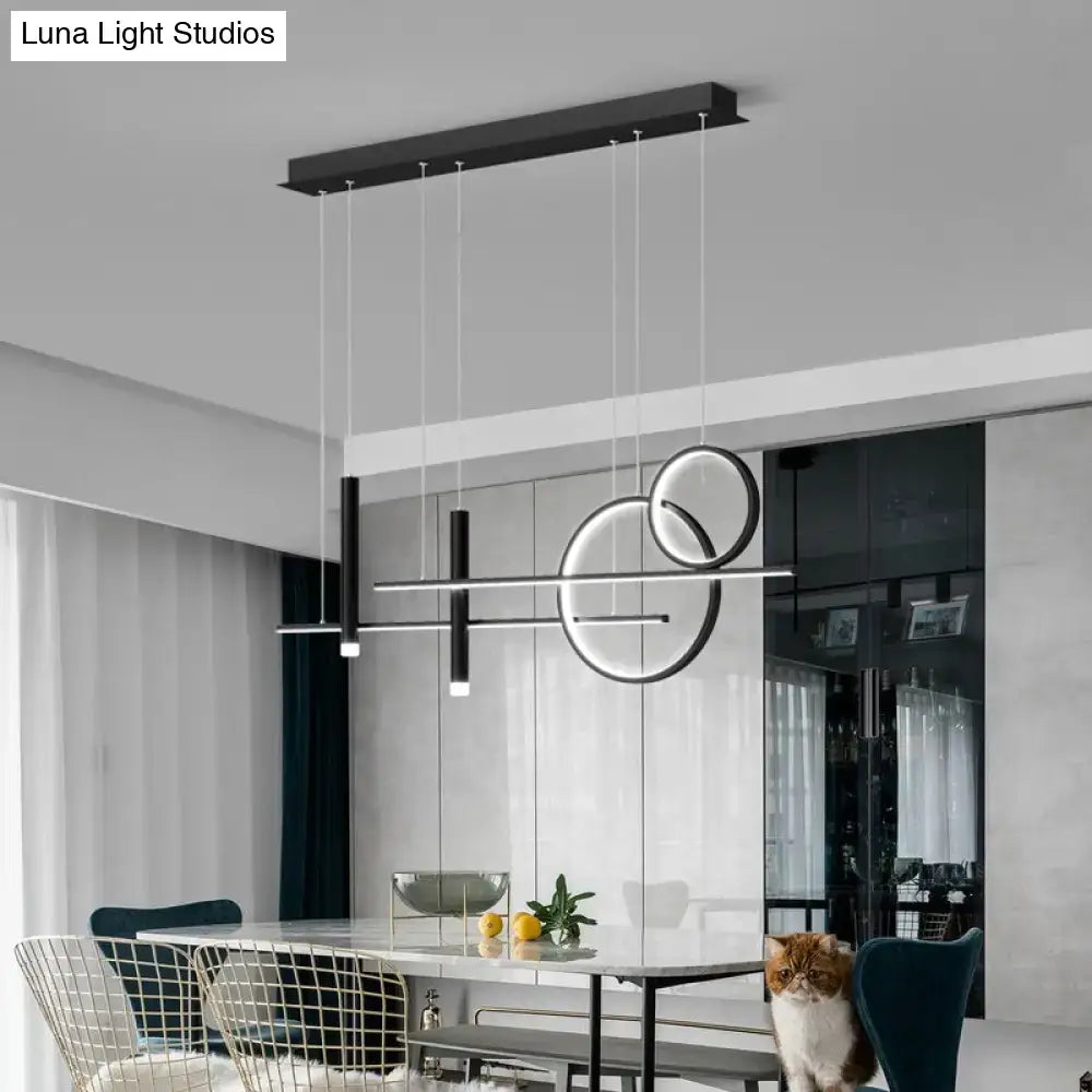DecorBites minimalist metal dinner suspension lamp in black with geometric circles and bars for led island pendant use