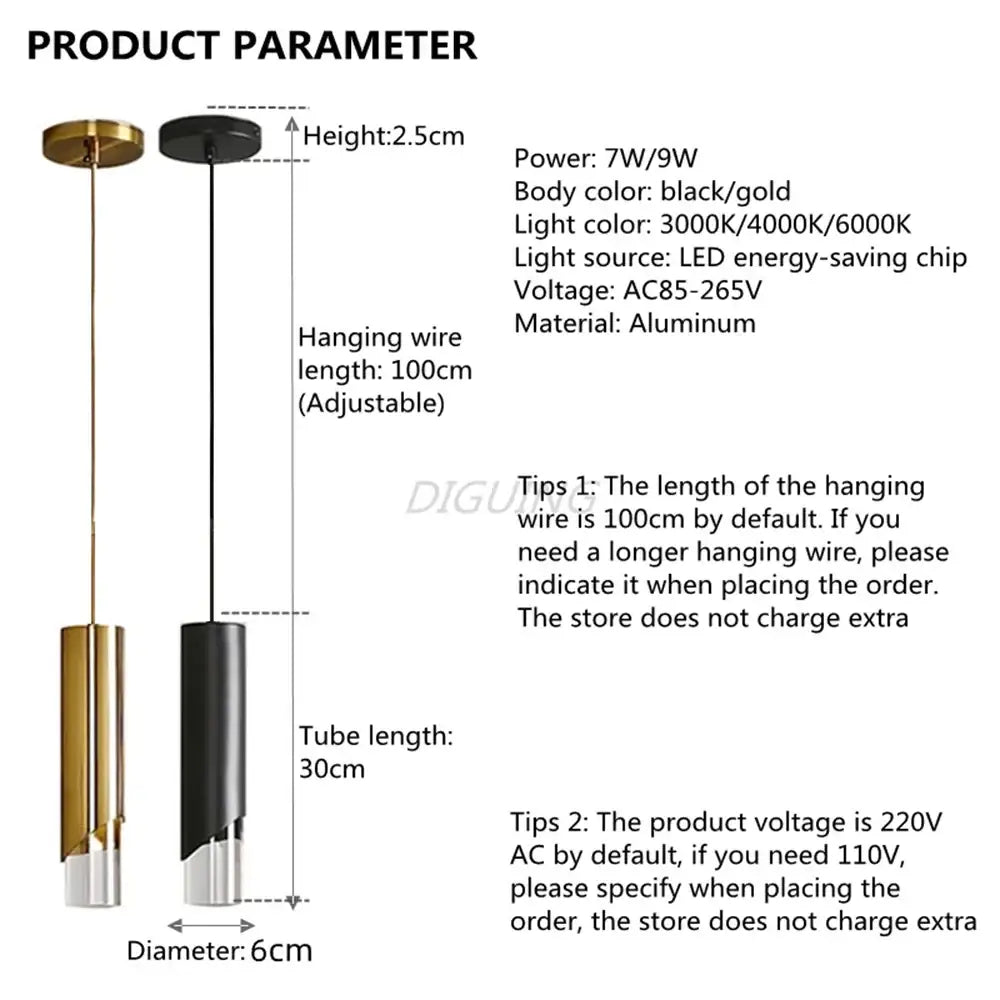 Modern black and gold led pendant light with high-quality die-cast aluminum body and adjustable hanging wire