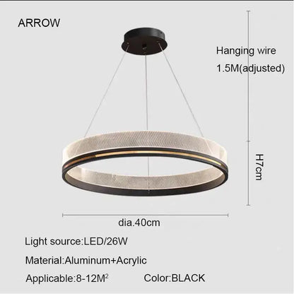 Modern black gold led pendant light featuring a 40cm aluminum and acrylic circular design for dining rooms