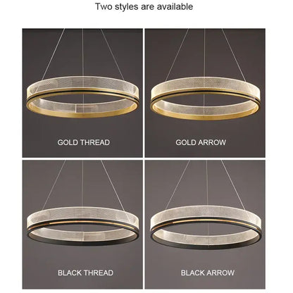 Modern black gold led pendant light with sleek concentric rings in polished brass and black metal for dining room