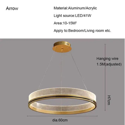 Modern black gold led pendant light with gold-toned aluminum and acrylic circular design and black trim for dining room
