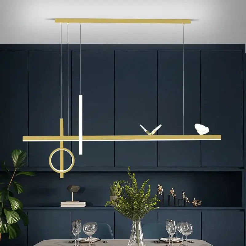 Modern gold-toned geometric decorbites led pendant lights with minimalist linear design and suspended elements for home décor