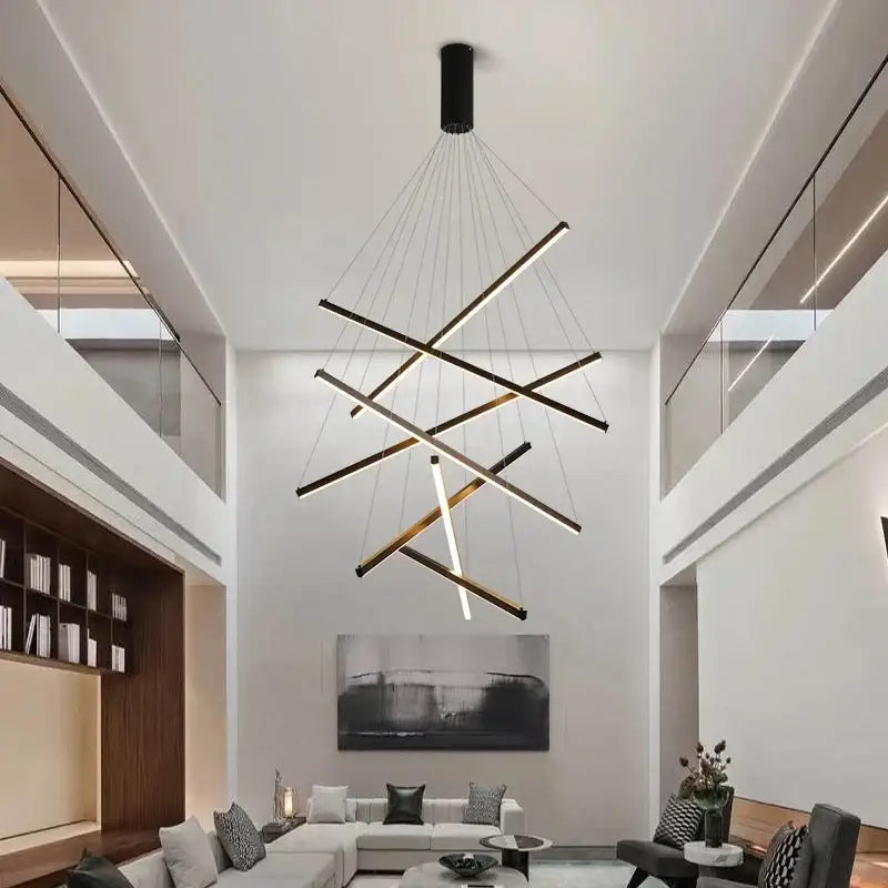 Modern black and gold geometric led stair chandelier with intersecting rods for decorbites black led living room pendant light