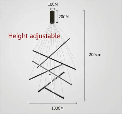 Modern black and white led stair chandelier with height-adjustable intersecting rods for decorbites black led lighting
