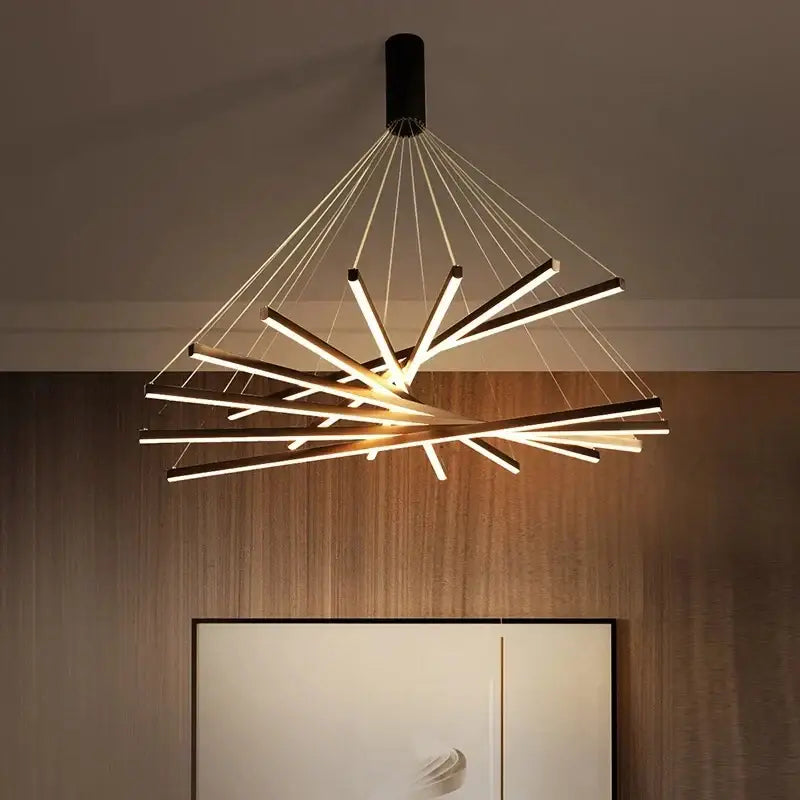 Modern black led stair chandelier with sleek geometric design and warm white led bars by decorbites black led