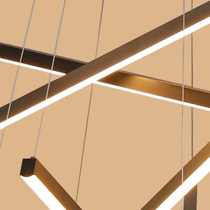 Modern black and gold led stair chandelier with sleek geometric metal frames and bright white led strips decorbites black led