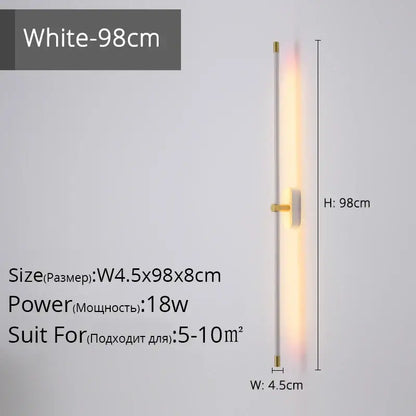 A sleek white 98cm tall modern wall lamp with gold-toned hardware and warm glow decorbites led strip wall fixture
