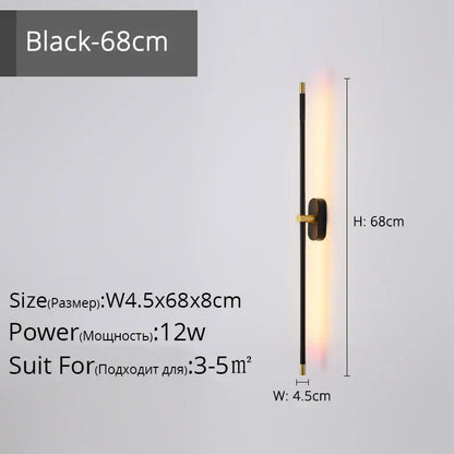 Modern black and gold led strip wall lamp with sleek vertical bar emitting warm light for minimalist bedroom decorbites wall lamp