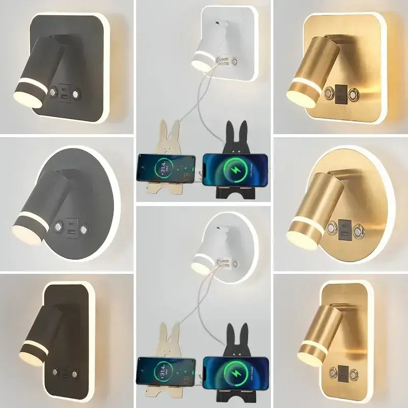 Modern black and gold led usb reading wall lamp with integrated usb charging ports for bedroom lighting