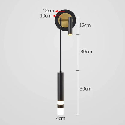 Modern black and gold led wall lamp with cylindrical pendant light and frosted glass diffuser for bedroom reading decorbites gold led