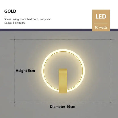 Gold circular led wall lamp with illuminated ring design 19cm diameter for modern living room use