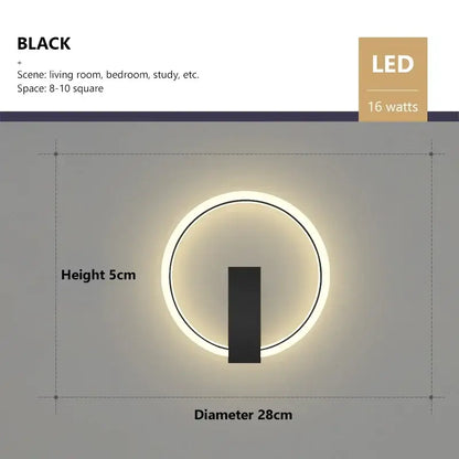 Modern black and gold led wall lamp with a 28cm diameter emitting warm light for living room use