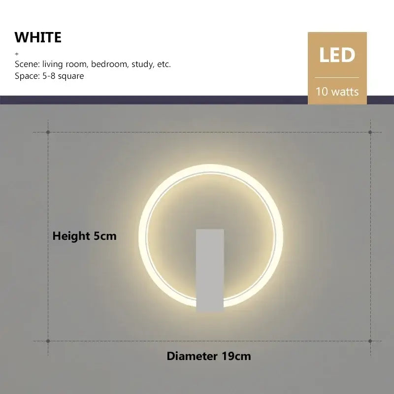 Modern black and gold led wall lamp with white circular led wall sconce emitting soft ambient light for living room