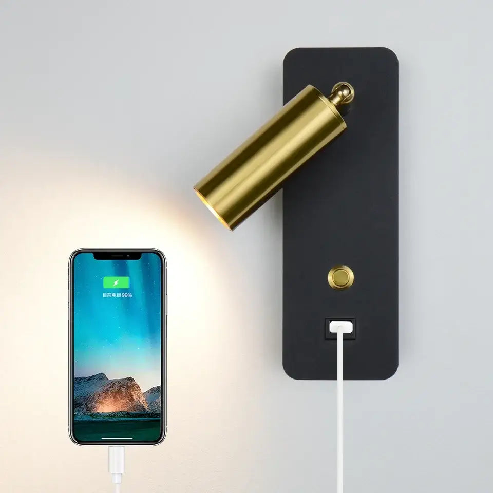 Modern black and gold led wall lights with cylindrical spotlight and usb charging port for bedroom decorbites led wall
