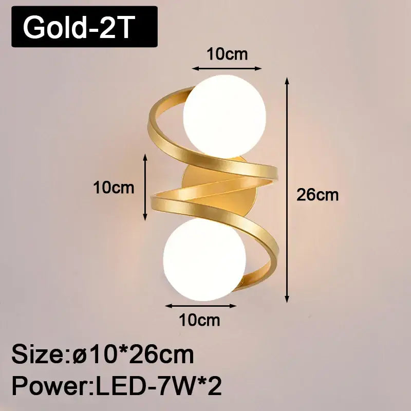 Gold-2t modern black and gold led wall lights with two white bulbs and spiraling gold metal arms for bedroom decorbites black copper